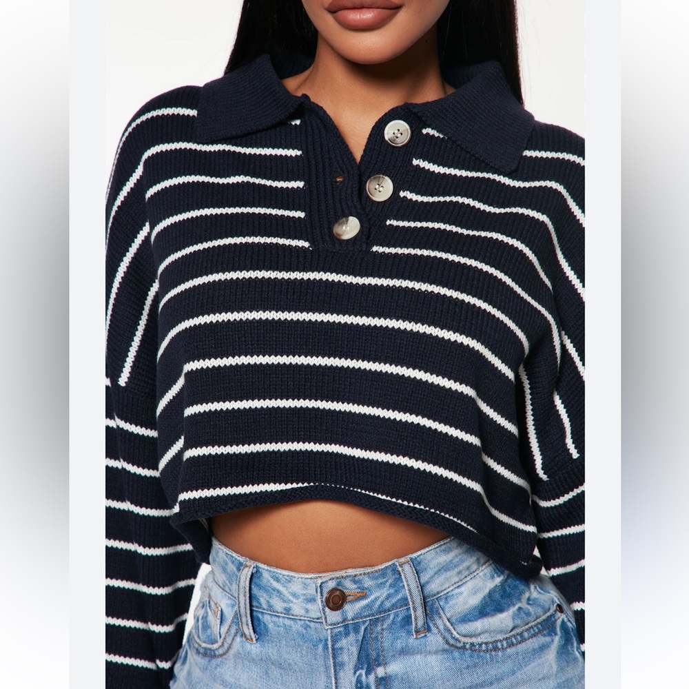 Navy & White Striped Knit Polo Crop Sweater